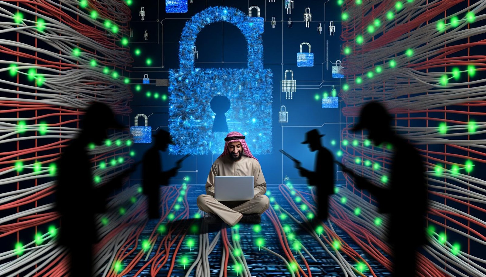 Kollage futuristischer Marketing-Security-Szenen: ein Marketer im Kabel-Dschungel, stilisierte Hacker, leuchtende Warnsymbole, Schutzwalls aus Sicherheitssymbolen, Cloud-Blasen mit Zertifikaten, dynamische Infografiken und ein siegreiches Team auf einer Datenfestung.