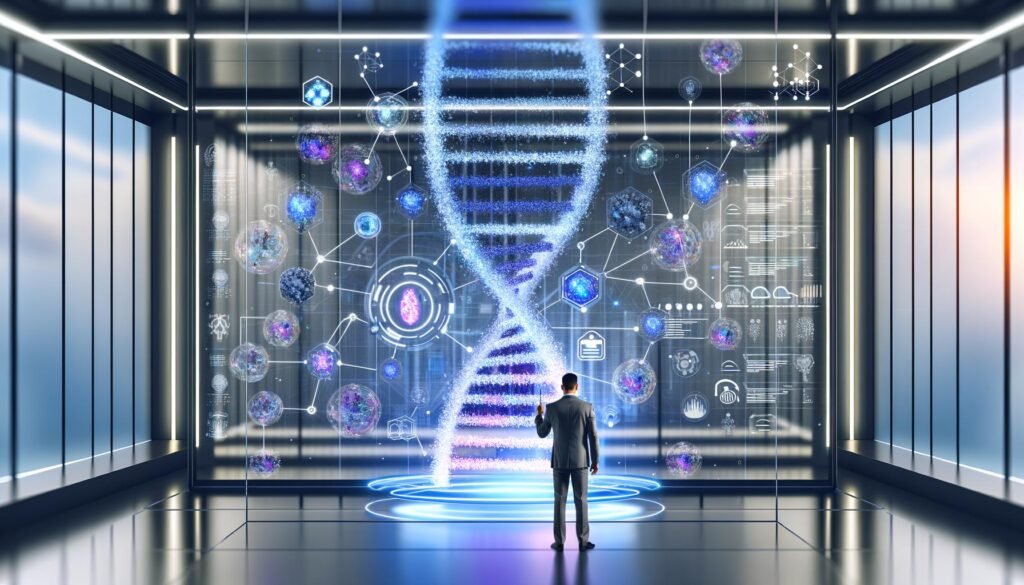 Futuristisches Labor mit Marketer im Mittelpunkt, umgeben von digitalem DNA-Strang und holografischen Datenströmen, unterstreicht die Verbindung von Echtzeitdaten und moderner Marketing-Technologie