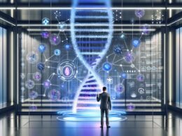 Futuristisches Labor mit Marketer im Mittelpunkt, umgeben von digitalem DNA-Strang und holografischen Datenströmen, unterstreicht die Verbindung von Echtzeitdaten und moderner Marketing-Technologie
