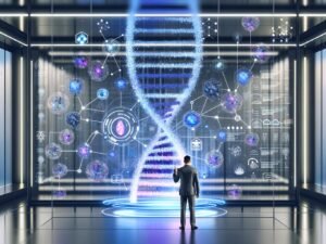 Futuristisches Labor mit Marketer im Mittelpunkt, umgeben von digitalem DNA-Strang und holografischen Datenströmen, unterstreicht die Verbindung von Echtzeitdaten und moderner Marketing-Technologie
