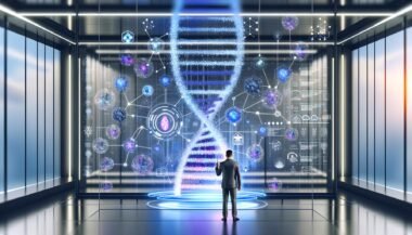 Futuristisches Labor mit Marketer im Mittelpunkt, umgeben von digitalem DNA-Strang und holografischen Datenströmen, unterstreicht die Verbindung von Echtzeitdaten und moderner Marketing-Technologie