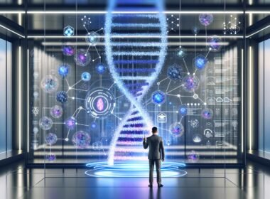 Futuristisches Labor mit Marketer im Mittelpunkt, umgeben von digitalem DNA-Strang und holografischen Datenströmen, unterstreicht die Verbindung von Echtzeitdaten und moderner Marketing-Technologie