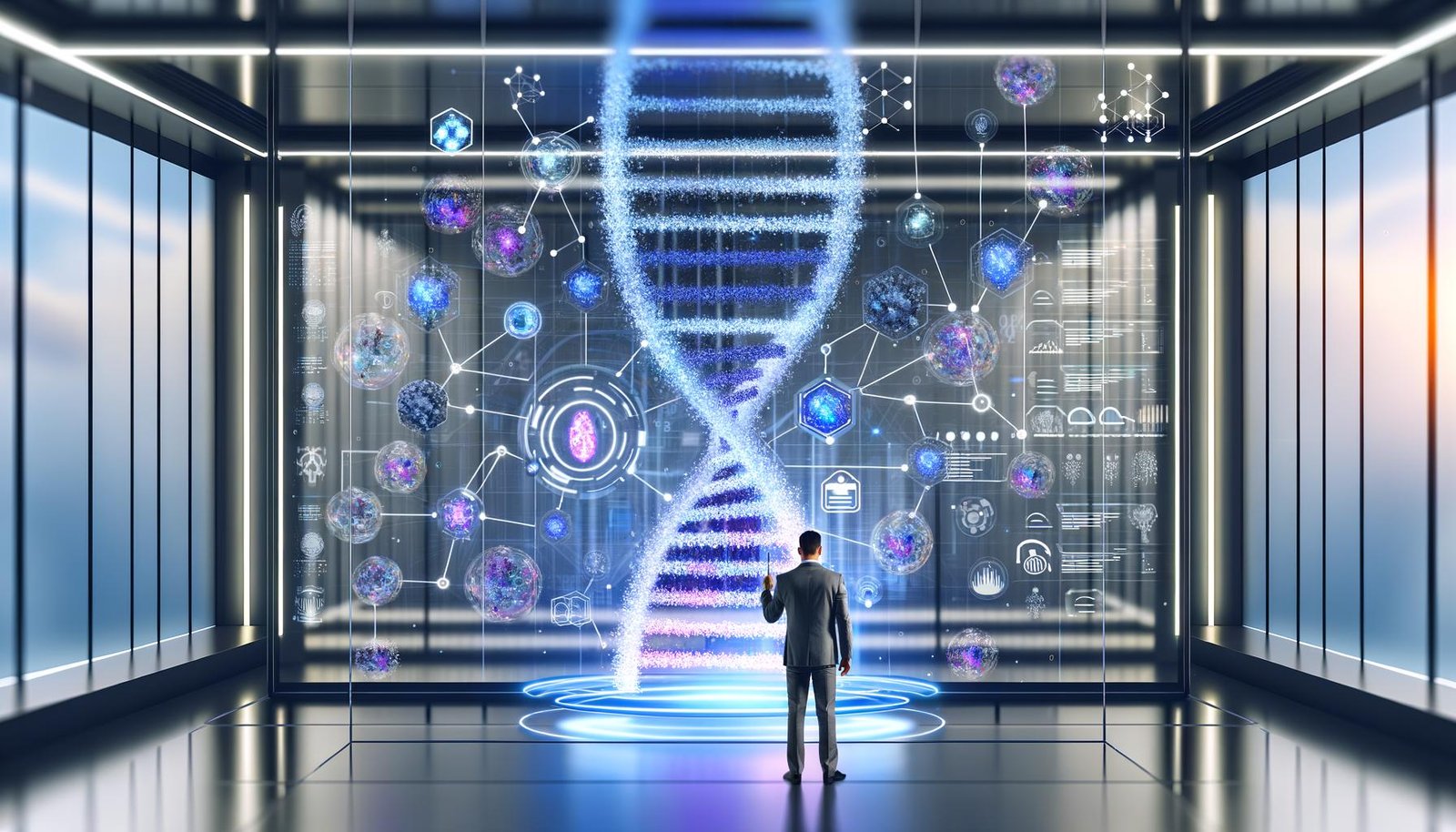 Futuristisches Labor mit Marketer im Mittelpunkt, umgeben von digitalem DNA-Strang und holografischen Datenströmen, unterstreicht die Verbindung von Echtzeitdaten und moderner Marketing-Technologie