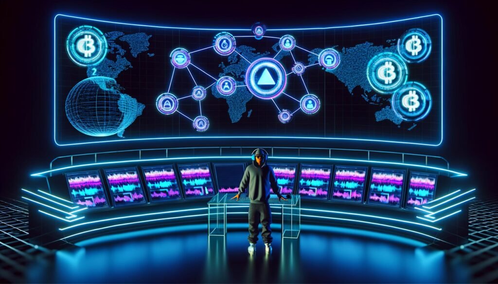 Podcaster in moderner Streetwear steuert ein futuristisches Kontrollzentrum mit transparentem Schreibtisch, umgeben von Bildschirmen, Blockchain-Logos, Audio-Wellenformen und globalen Netzwerkvisualisierungen in Neonfarben.