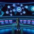 Podcaster in moderner Streetwear steuert ein futuristisches Kontrollzentrum mit transparentem Schreibtisch, umgeben von Bildschirmen, Blockchain-Logos, Audio-Wellenformen und globalen Netzwerkvisualisierungen in Neonfarben.