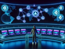 Podcaster in moderner Streetwear steuert ein futuristisches Kontrollzentrum mit transparentem Schreibtisch, umgeben von Bildschirmen, Blockchain-Logos, Audio-Wellenformen und globalen Netzwerkvisualisierungen in Neonfarben.