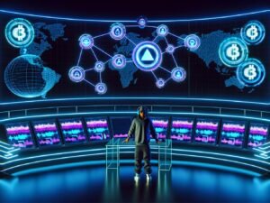 Podcaster in moderner Streetwear steuert ein futuristisches Kontrollzentrum mit transparentem Schreibtisch, umgeben von Bildschirmen, Blockchain-Logos, Audio-Wellenformen und globalen Netzwerkvisualisierungen in Neonfarben.