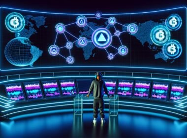 Podcaster in moderner Streetwear steuert ein futuristisches Kontrollzentrum mit transparentem Schreibtisch, umgeben von Bildschirmen, Blockchain-Logos, Audio-Wellenformen und globalen Netzwerkvisualisierungen in Neonfarben.