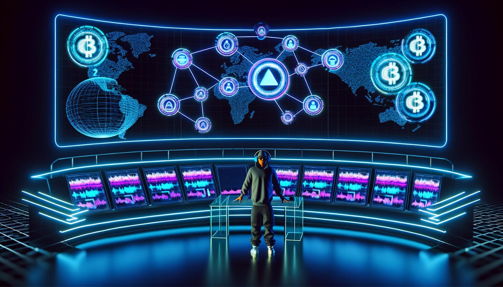 Podcaster in moderner Streetwear steuert ein futuristisches Kontrollzentrum mit transparentem Schreibtisch, umgeben von Bildschirmen, Blockchain-Logos, Audio-Wellenformen und globalen Netzwerkvisualisierungen in Neonfarben.