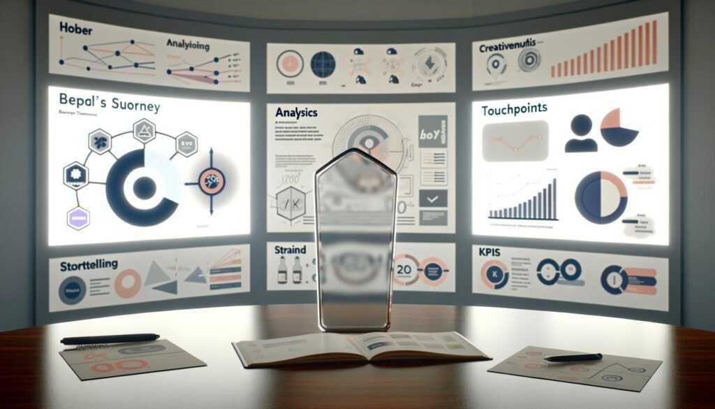 Moderner Arbeitsplatz mit mehreren Monitoren, komplexen Dashboards, Content-Maps und einer Marken-Ikone – Szene für innovatives, analytisches Brand Storytelling.