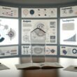Moderner Arbeitsplatz mit mehreren Monitoren, komplexen Dashboards, Content-Maps und einer Marken-Ikone – Szene für innovatives, analytisches Brand Storytelling.