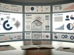 Moderner Arbeitsplatz mit mehreren Monitoren, komplexen Dashboards, Content-Maps und einer Marken-Ikone – Szene für innovatives, analytisches Brand Storytelling.