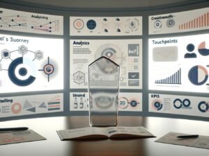Moderner Arbeitsplatz mit mehreren Monitoren, komplexen Dashboards, Content-Maps und einer Marken-Ikone – Szene für innovatives, analytisches Brand Storytelling.