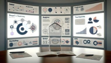 Moderner Arbeitsplatz mit mehreren Monitoren, komplexen Dashboards, Content-Maps und einer Marken-Ikone – Szene für innovatives, analytisches Brand Storytelling.