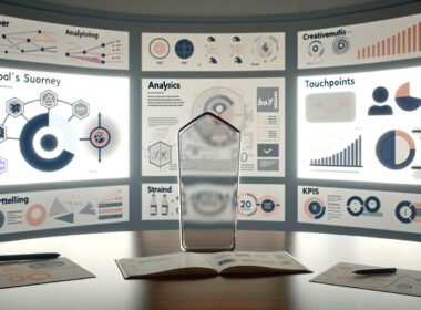 Moderner Arbeitsplatz mit mehreren Monitoren, komplexen Dashboards, Content-Maps und einer Marken-Ikone – Szene für innovatives, analytisches Brand Storytelling.
