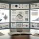 Moderner Arbeitsplatz mit mehreren Monitoren, komplexen Dashboards, Content-Maps und einer Marken-Ikone – Szene für innovatives, analytisches Brand Storytelling.