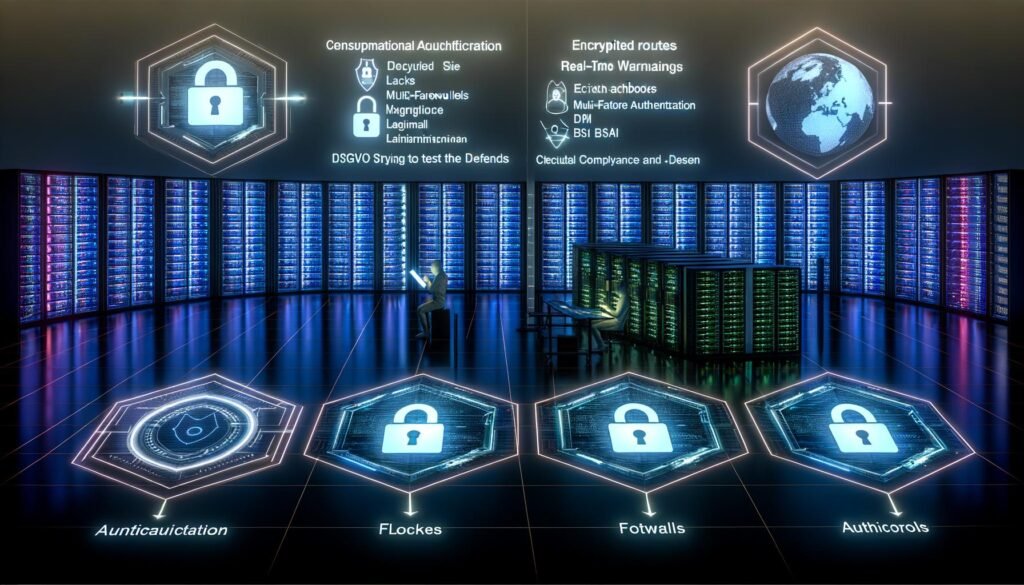 Futuristischer Serverraum mit visualisierten Sicherheitsschichten, Compliance-Überwachung und Abwehr von Hackerangriffen im Kontext globaler Datenschutzanforderungen.