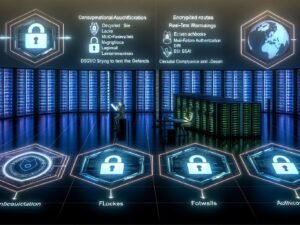 Futuristischer Serverraum mit visualisierten Sicherheitsschichten, Compliance-Überwachung und Abwehr von Hackerangriffen im Kontext globaler Datenschutzanforderungen.