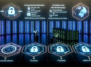 Futuristischer Serverraum mit visualisierten Sicherheitsschichten, Compliance-Überwachung und Abwehr von Hackerangriffen im Kontext globaler Datenschutzanforderungen.