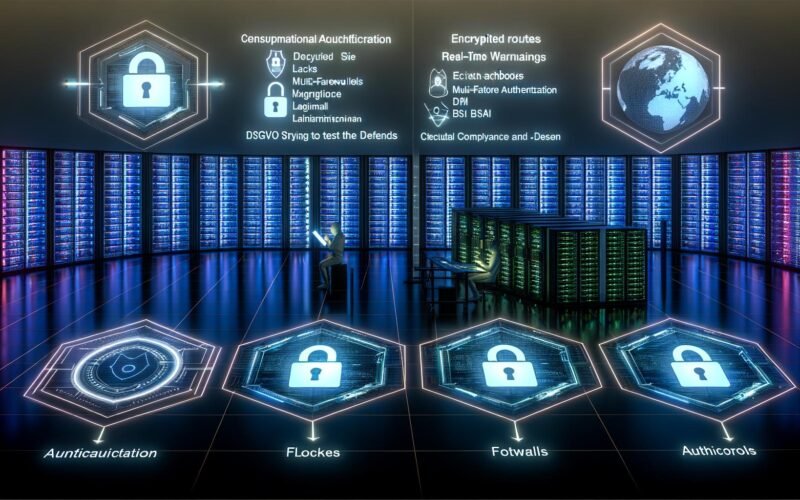 Futuristischer Serverraum mit visualisierten Sicherheitsschichten, Compliance-Überwachung und Abwehr von Hackerangriffen im Kontext globaler Datenschutzanforderungen.