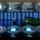 Futuristischer Serverraum mit visualisierten Sicherheitsschichten, Compliance-Überwachung und Abwehr von Hackerangriffen im Kontext globaler Datenschutzanforderungen.