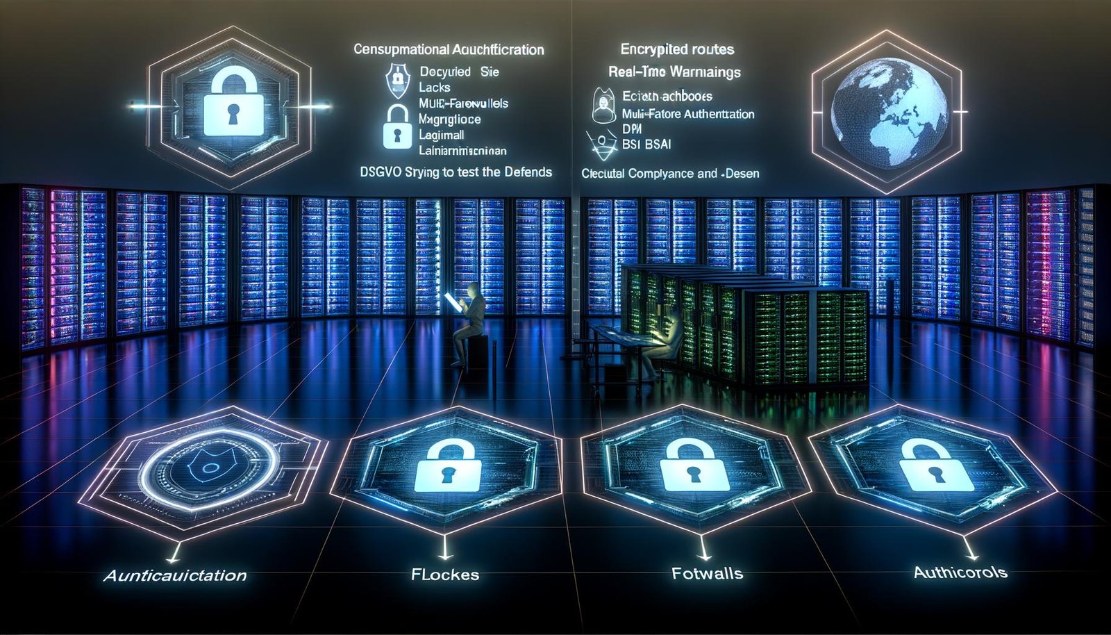 Futuristischer Serverraum mit visualisierten Sicherheitsschichten, Compliance-Überwachung und Abwehr von Hackerangriffen im Kontext globaler Datenschutzanforderungen.