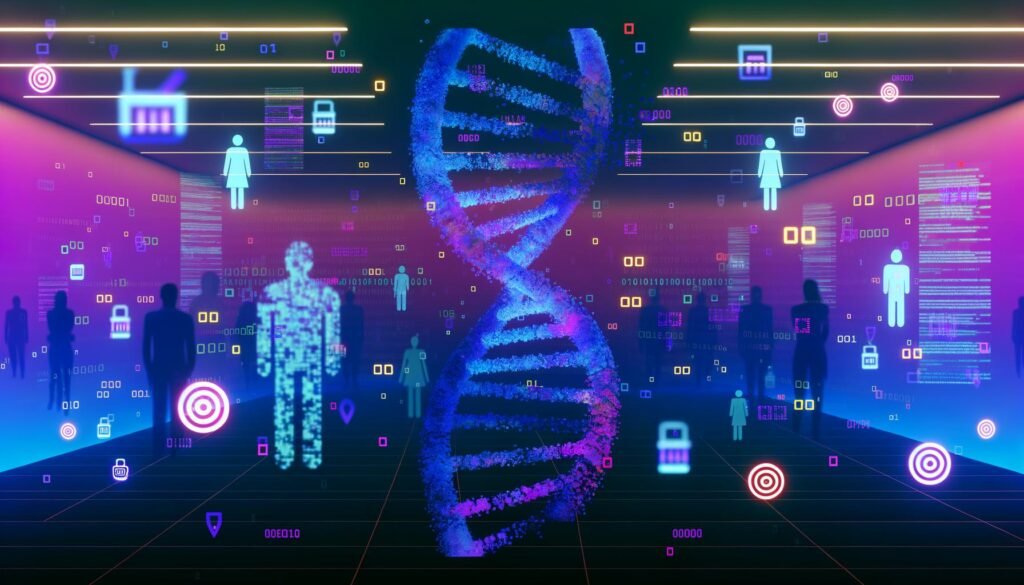 Stilisierte DNA-Helix löst sich in digitale Pixel und Datenströme auf, eingebettet mit Markenlogos und Codes, vor schwebenden transparenten Menschensilhouetten mit Zielscheiben und Einkaufssymbolen.