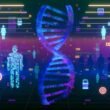 Stilisierte DNA-Helix löst sich in digitale Pixel und Datenströme auf, eingebettet mit Markenlogos und Codes, vor schwebenden transparenten Menschensilhouetten mit Zielscheiben und Einkaufssymbolen.