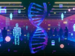 Stilisierte DNA-Helix löst sich in digitale Pixel und Datenströme auf, eingebettet mit Markenlogos und Codes, vor schwebenden transparenten Menschensilhouetten mit Zielscheiben und Einkaufssymbolen.