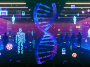 Stilisierte DNA-Helix löst sich in digitale Pixel und Datenströme auf, eingebettet mit Markenlogos und Codes, vor schwebenden transparenten Menschensilhouetten mit Zielscheiben und Einkaufssymbolen.