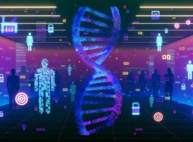 Stilisierte DNA-Helix löst sich in digitale Pixel und Datenströme auf, eingebettet mit Markenlogos und Codes, vor schwebenden transparenten Menschensilhouetten mit Zielscheiben und Einkaufssymbolen.
