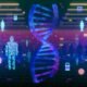Stilisierte DNA-Helix löst sich in digitale Pixel und Datenströme auf, eingebettet mit Markenlogos und Codes, vor schwebenden transparenten Menschensilhouetten mit Zielscheiben und Einkaufssymbolen.