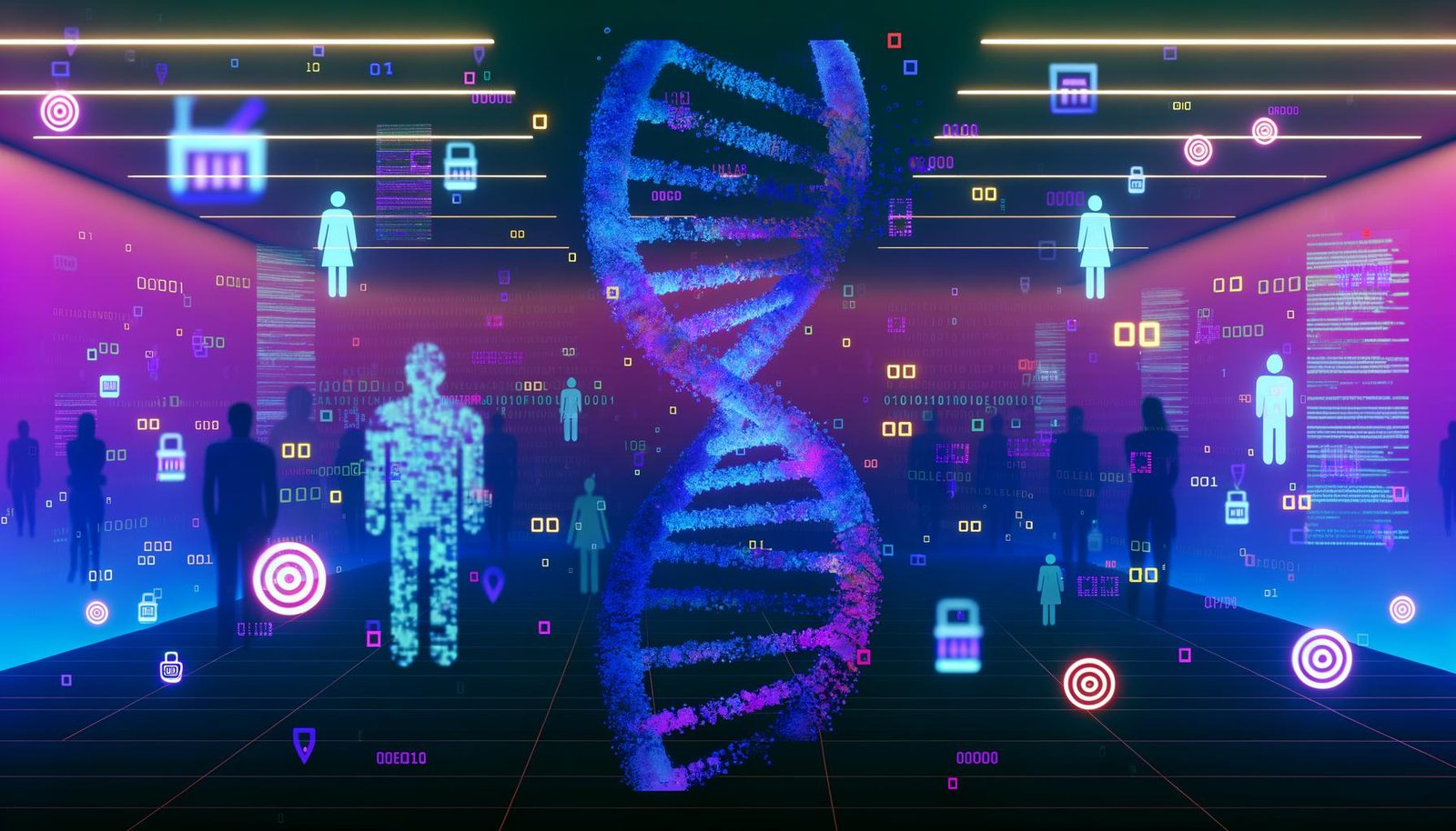 Stilisierte DNA-Helix löst sich in digitale Pixel und Datenströme auf, eingebettet mit Markenlogos und Codes, vor schwebenden transparenten Menschensilhouetten mit Zielscheiben und Einkaufssymbolen.