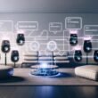 Designorientiertes, modernes Wohnzimmer mit Sonos-Lautsprechern, KI-Symbolen, digitalisierten Datenströmen und einem transparenten Headless-CMS-Interface über den Geräten. Leuchtende Layer visualisieren Audiosnippets, Metadaten und stapelbare SSML-Inhalte.