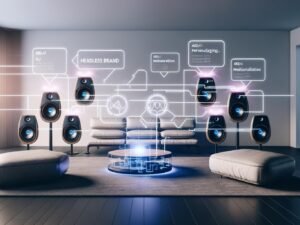 Designorientiertes, modernes Wohnzimmer mit Sonos-Lautsprechern, KI-Symbolen, digitalisierten Datenströmen und einem transparenten Headless-CMS-Interface über den Geräten. Leuchtende Layer visualisieren Audiosnippets, Metadaten und stapelbare SSML-Inhalte.