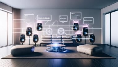 Designorientiertes, modernes Wohnzimmer mit Sonos-Lautsprechern, KI-Symbolen, digitalisierten Datenströmen und einem transparenten Headless-CMS-Interface über den Geräten. Leuchtende Layer visualisieren Audiosnippets, Metadaten und stapelbare SSML-Inhalte.