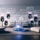 Designorientiertes, modernes Wohnzimmer mit Sonos-Lautsprechern, KI-Symbolen, digitalisierten Datenströmen und einem transparenten Headless-CMS-Interface über den Geräten. Leuchtende Layer visualisieren Audiosnippets, Metadaten und stapelbare SSML-Inhalte.