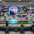 Offenes futuristisches Büro mit Marketingteam, KI-Hologramm und digitalen Markeninhalten