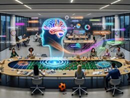 Offenes futuristisches Büro mit Marketingteam, KI-Hologramm und digitalen Markeninhalten