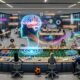 Offenes futuristisches Büro mit Marketingteam, KI-Hologramm und digitalen Markeninhalten