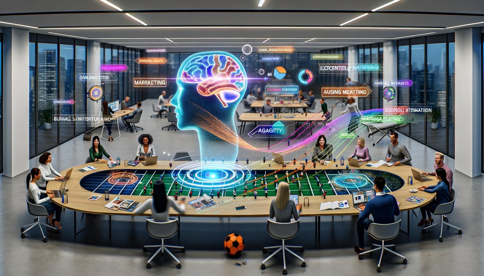 Offenes futuristisches Büro mit Marketingteam, KI-Hologramm und digitalen Markeninhalten