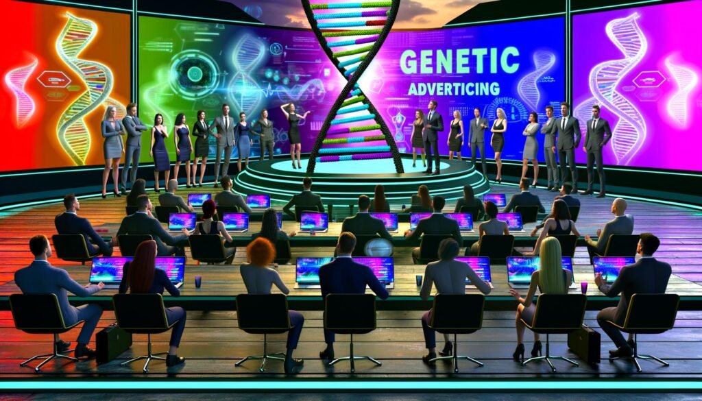 Futuristischer Konferenzraum mit Business-Leuten, die eine Präsentation zu genetischer Werbung mit DNA-Visualisierungen und digitalen Datenströmen betrachten. Die Stimmung ist angespannt und leicht ironisch.