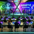 Futuristischer Konferenzraum mit Business-Leuten, die eine Präsentation zu genetischer Werbung mit DNA-Visualisierungen und digitalen Datenströmen betrachten. Die Stimmung ist angespannt und leicht ironisch.
