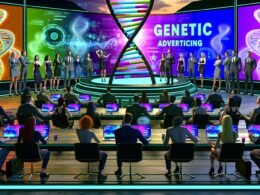 Futuristischer Konferenzraum mit Business-Leuten, die eine Präsentation zu genetischer Werbung mit DNA-Visualisierungen und digitalen Datenströmen betrachten. Die Stimmung ist angespannt und leicht ironisch.