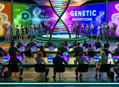 Futuristischer Konferenzraum mit Business-Leuten, die eine Präsentation zu genetischer Werbung mit DNA-Visualisierungen und digitalen Datenströmen betrachten. Die Stimmung ist angespannt und leicht ironisch.