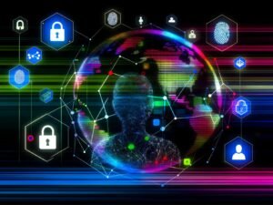 Abstrakte digitale Weltkugel mit Netzwerkverbindungen, Sicherheitssymbolen, Passwort- und Biometrie-Icons, Social-Login und Blockchain sowie einem transluzenten Nutzer im Vordergrund