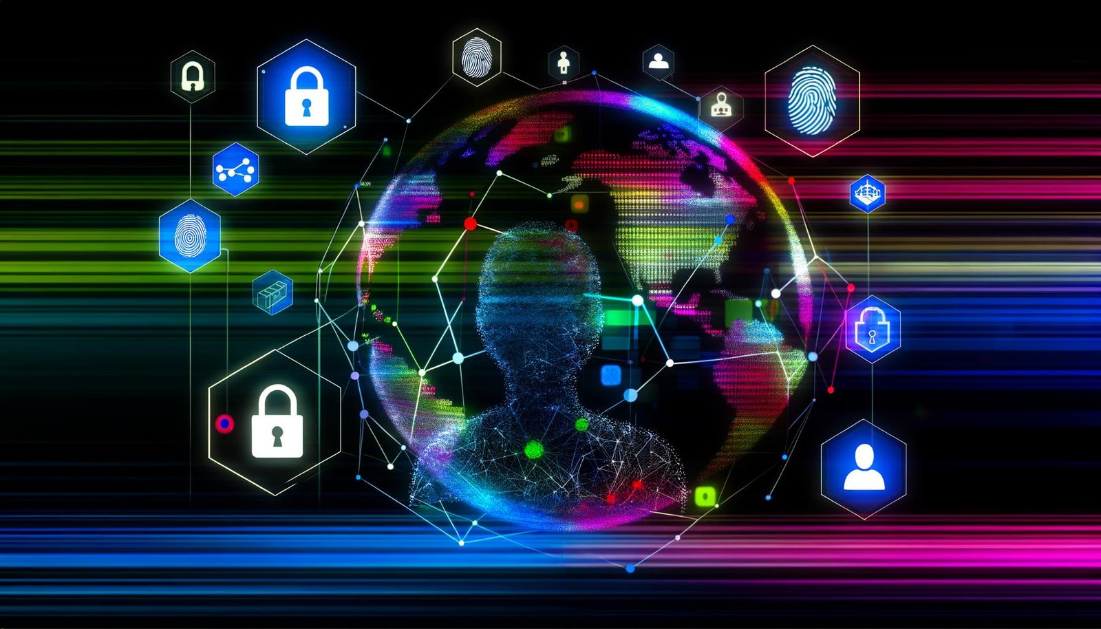 Abstrakte digitale Weltkugel mit Netzwerkverbindungen, Sicherheitssymbolen, Passwort- und Biometrie-Icons, Social-Login und Blockchain sowie einem transluzenten Nutzer im Vordergrund