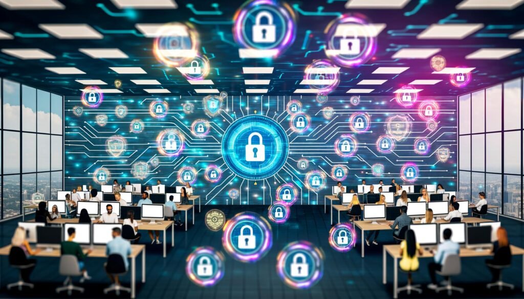 Stilisiertes Büro mit vielfältigen Marketing-Teams, Computern, holografischen Sicherheits-Icons, Alarmen und Cloud-Symbolen zur Darstellung von Cybersicherheit und Datenschutz.