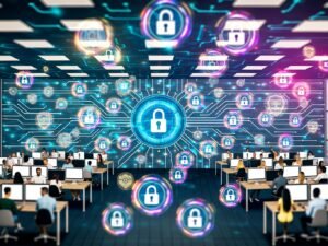Stilisiertes Büro mit vielfältigen Marketing-Teams, Computern, holografischen Sicherheits-Icons, Alarmen und Cloud-Symbolen zur Darstellung von Cybersicherheit und Datenschutz.