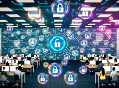 Stilisiertes Büro mit vielfältigen Marketing-Teams, Computern, holografischen Sicherheits-Icons, Alarmen und Cloud-Symbolen zur Darstellung von Cybersicherheit und Datenschutz.